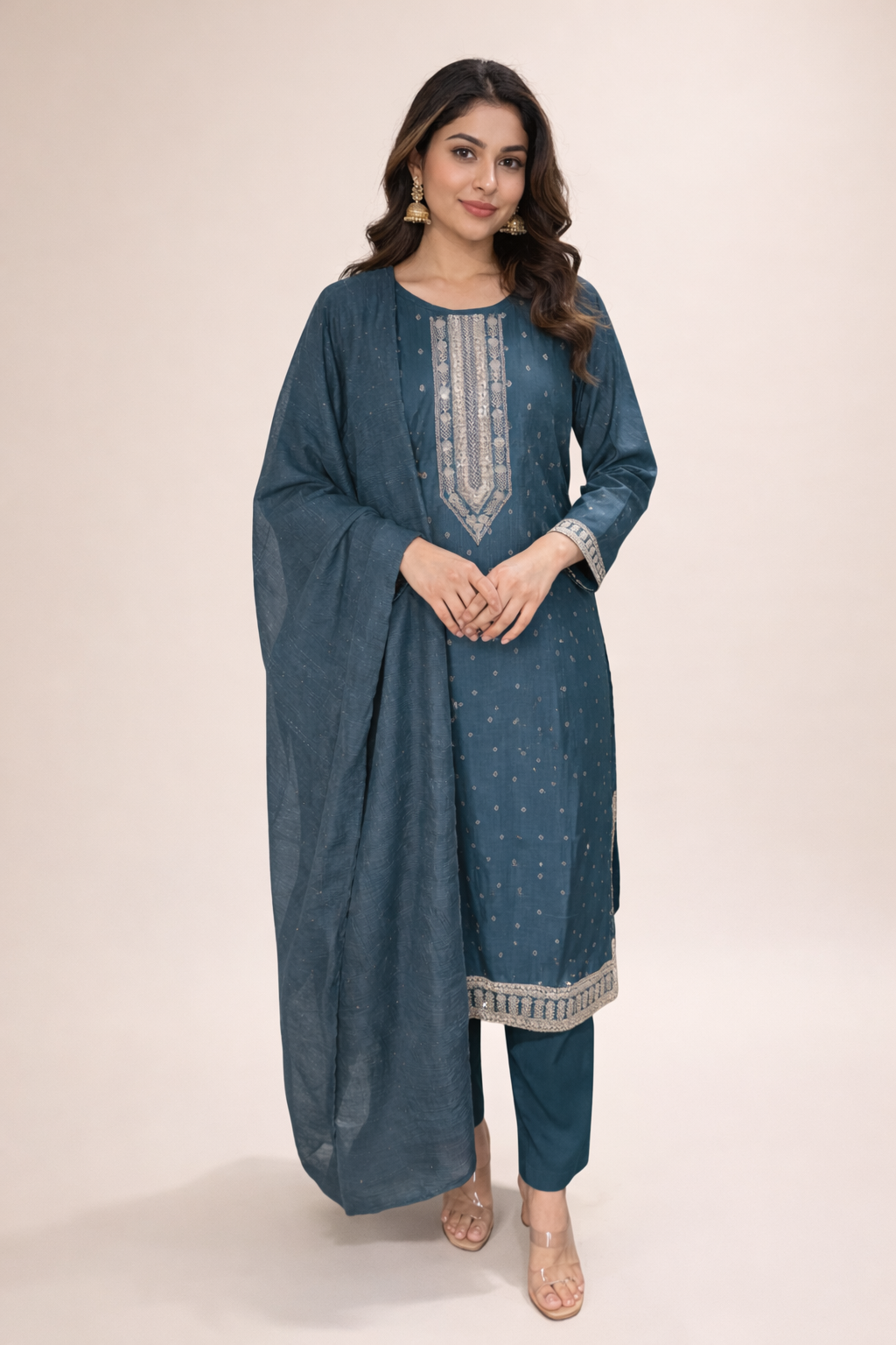 Teal Vatican silk kurti set embroidered Indian kurta with dupatta UK