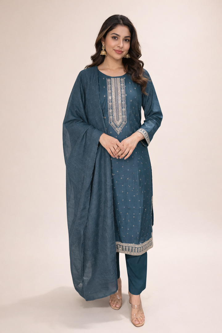 Teal Vatican silk kurti set embroidered Indian kurta with dupatta UK