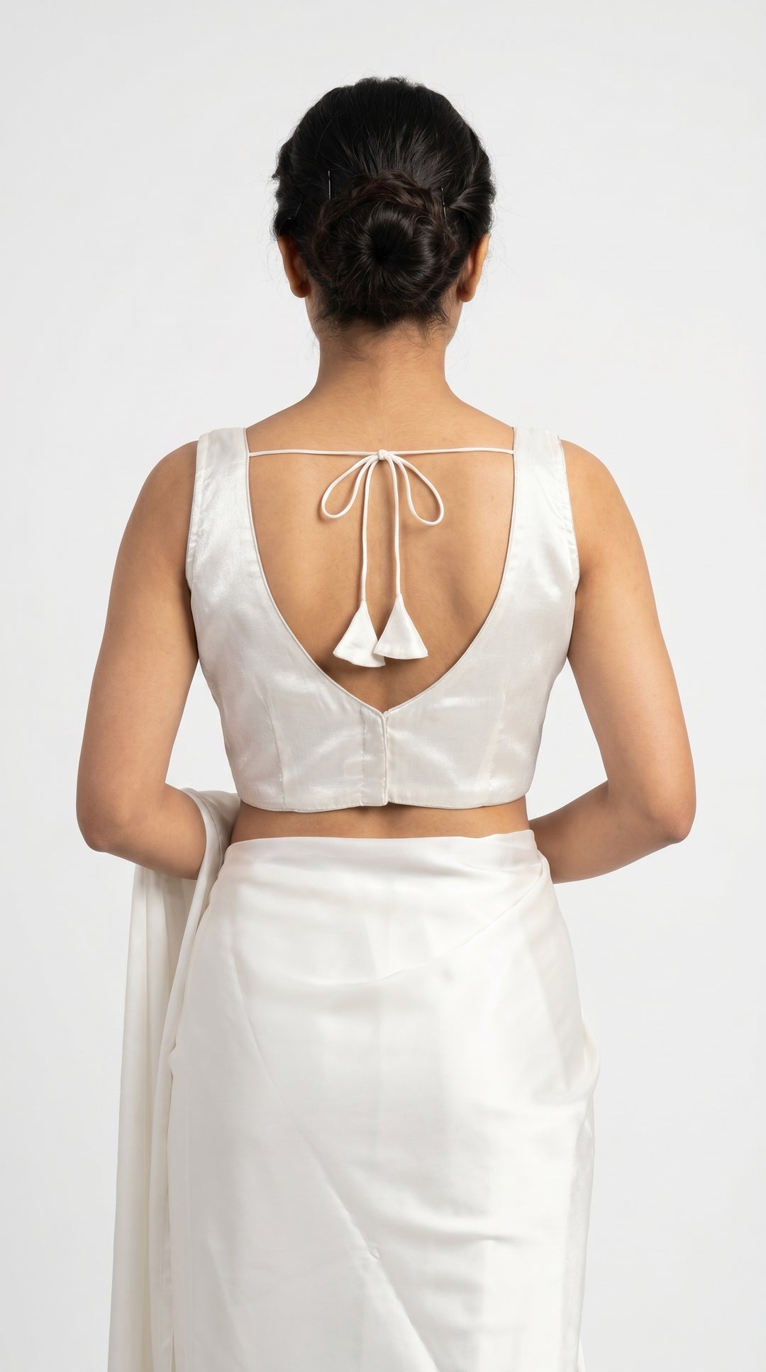Fendi Silk Plain V-Neck Blouse in White – open V-back with latkans – Shree Leicester