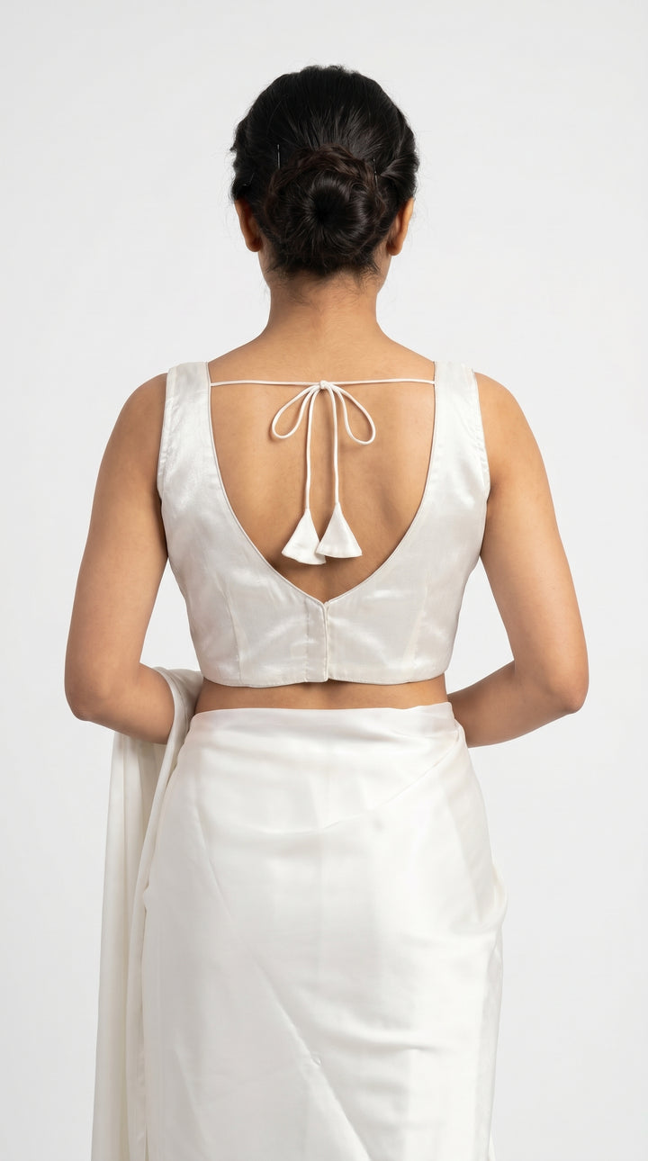 Fendi Silk Plain V-Neck Blouse in White – open V-back with latkans – Shree Leicester