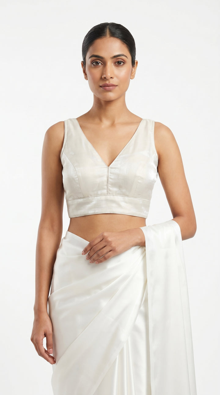 Fendi Silk Plain V-Neck Blouse in White – deep V-neck front view – Shree Leicester