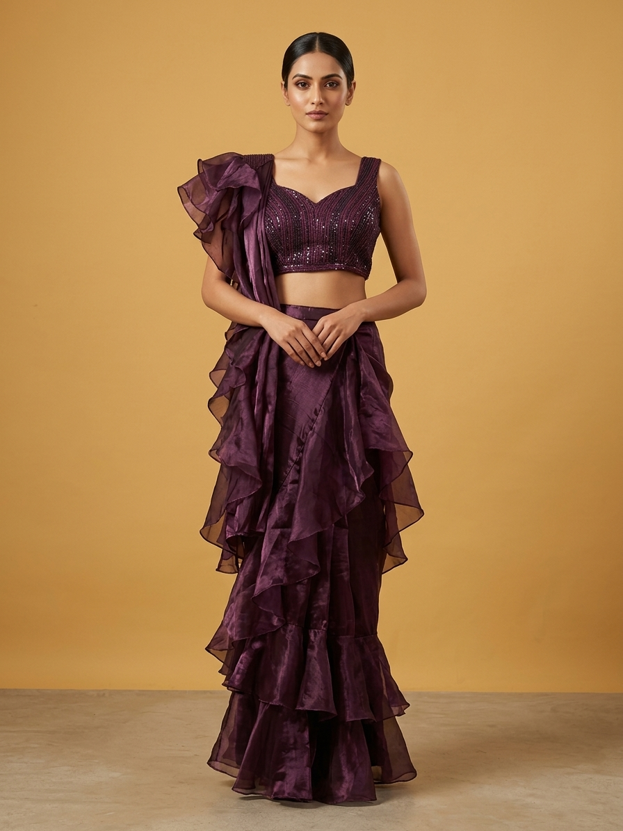 Ruffle Readymade Saree with Sequin Blouse